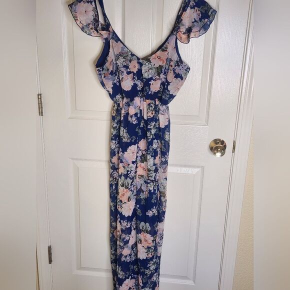 Trixxi M ShiffonMlticlred Floral Print DoubleSlits ColdShoulder Maxi Women Dress - Picture 9 of 9